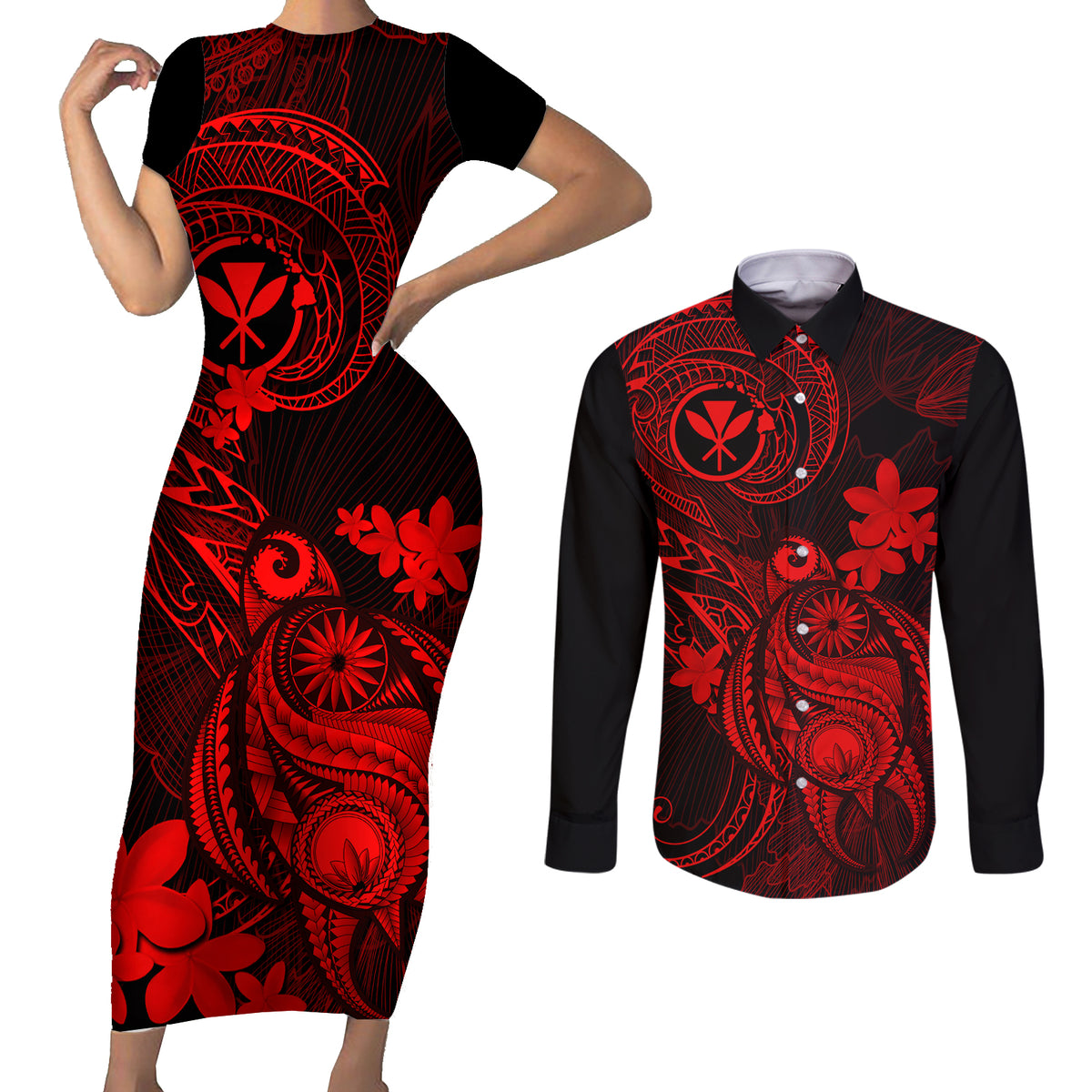 Hawaii Couples Matching Short Sleeve Bodycon Dress and Long Sleeve Button Shirts Turtle Mix Polynesian Plumeria Red Version LT14 Red - Polynesian Pride