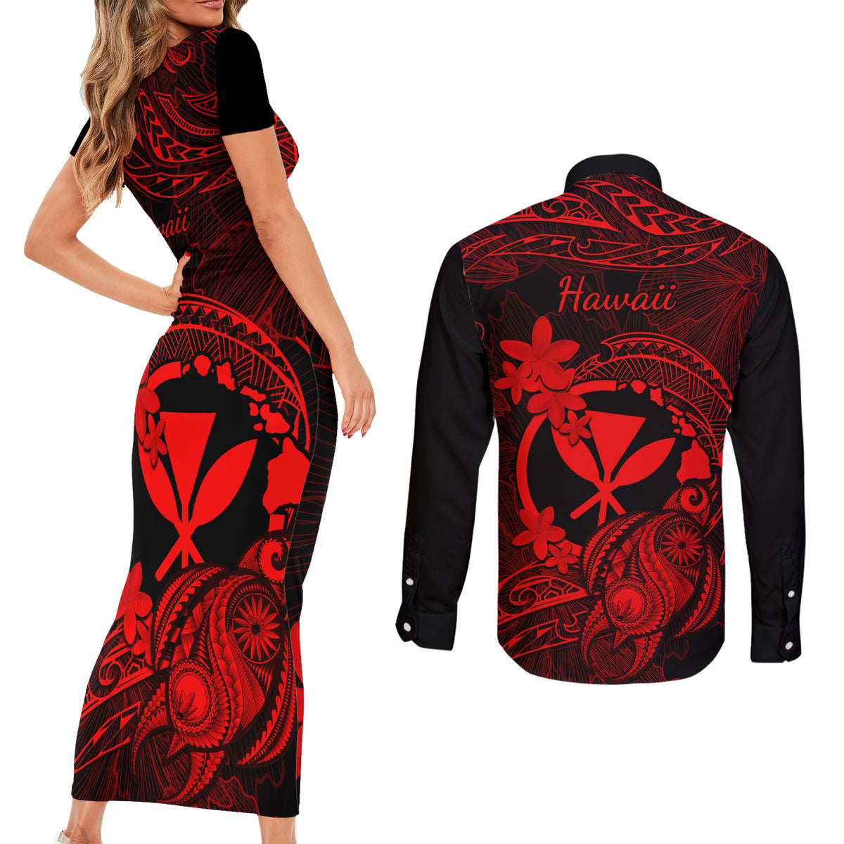 Hawaii Couples Matching Short Sleeve Bodycon Dress and Long Sleeve Button Shirts Turtle Mix Polynesian Plumeria Red Version LT14 - Polynesian Pride