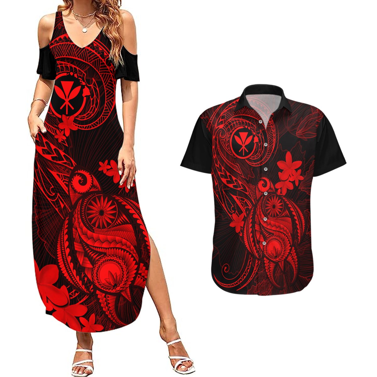 Hawaii Couples Matching Summer Maxi Dress and Hawaiian Shirt Turtle Mix Polynesian Plumeria Red Version LT14 Red - Polynesian Pride