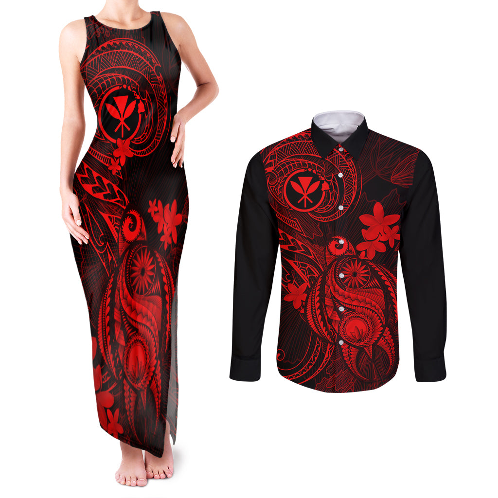 Hawaii Couples Matching Tank Maxi Dress and Long Sleeve Button Shirts Turtle Mix Polynesian Plumeria Red Version LT14 Red - Polynesian Pride