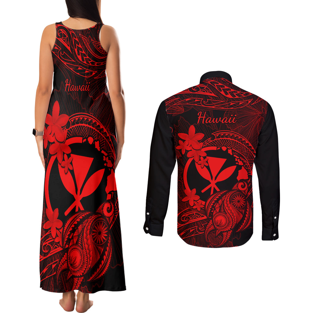 Hawaii Couples Matching Tank Maxi Dress and Long Sleeve Button Shirts Turtle Mix Polynesian Plumeria Red Version LT14 - Polynesian Pride