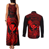 Hawaii Couples Matching Tank Maxi Dress and Long Sleeve Button Shirts Turtle Mix Polynesian Plumeria Red Version LT14 - Polynesian Pride