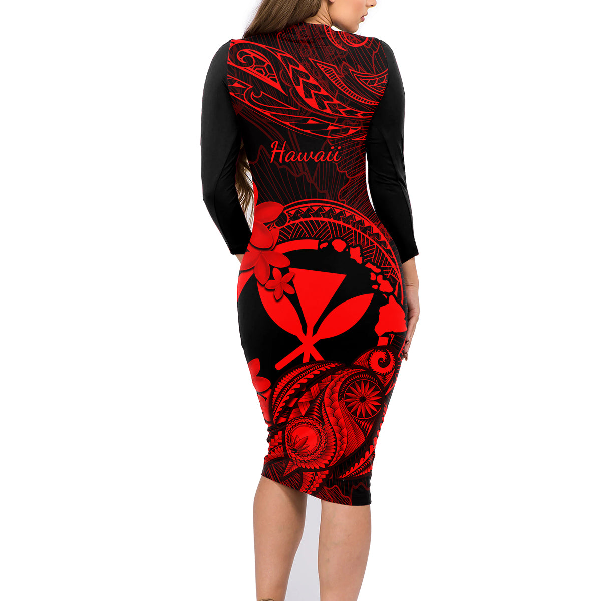 hawaii-family-matching-long-sleeve-bodycon-dress-and-hawaiian-shirt-turtle-mix-polynesian-plumeria-red-version