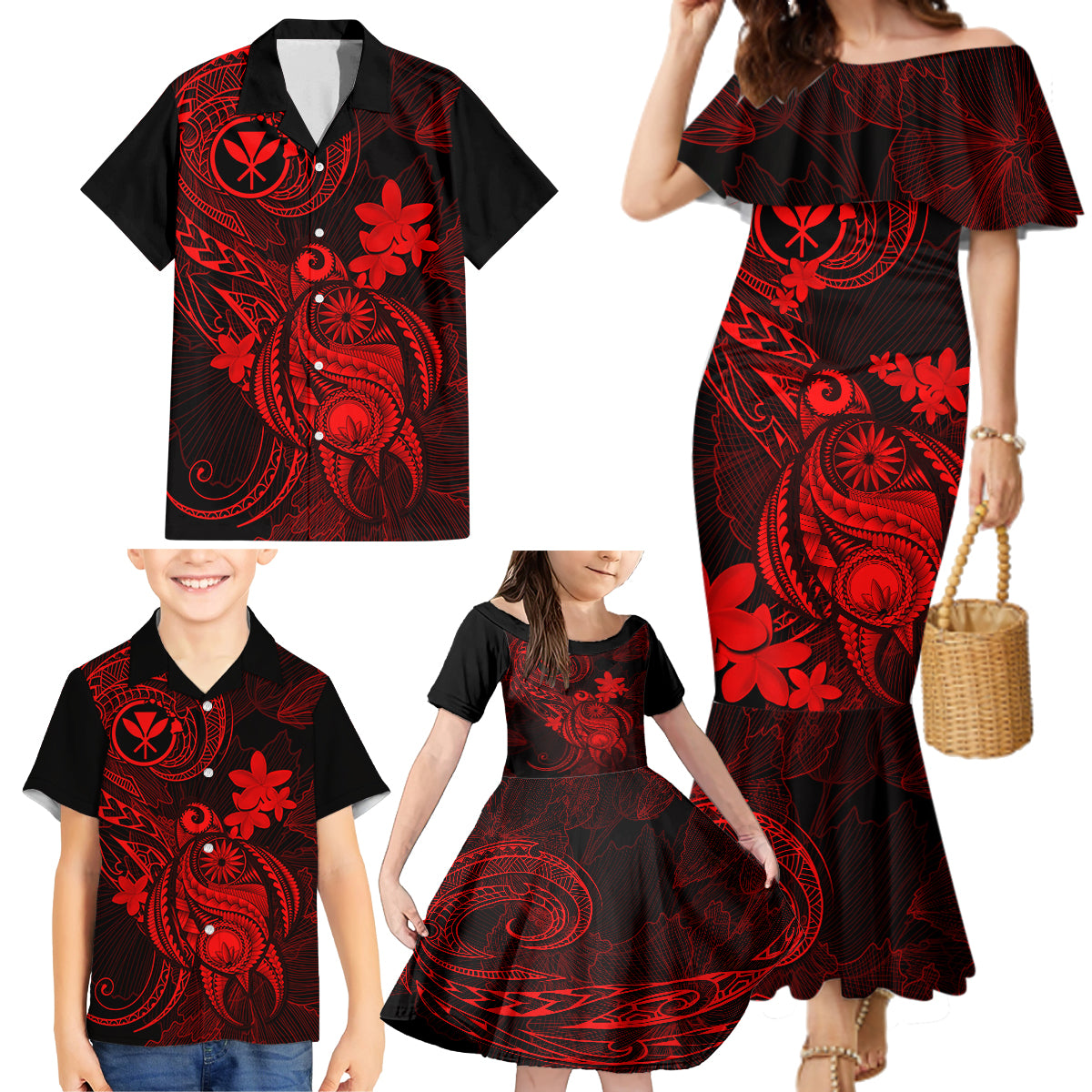 Hawaii Family Matching Mermaid Dress and Hawaiian Shirt Turtle Mix Polynesian Plumeria Red Version LT14 - Polynesian Pride