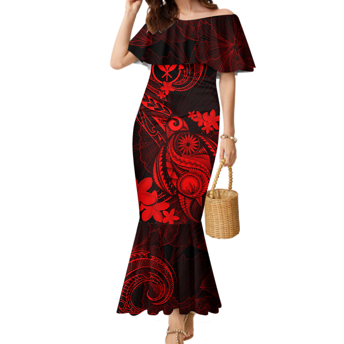hawaii-family-matching-mermaid-dress-and-hawaiian-shirt-turtle-mix-polynesian-plumeria-red-version