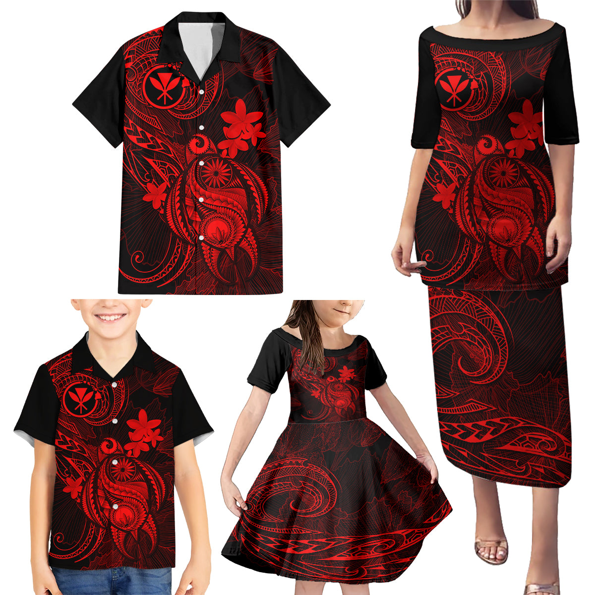 Hawaii Family Matching Puletasi Dress and Hawaiian Shirt Turtle Mix Polynesian Plumeria Red Version LT14 - Polynesian Pride