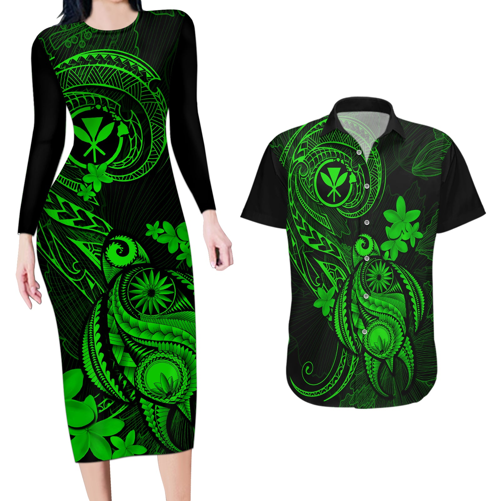 hawaii-couples-matching-long-sleeve-bodycon-dress-and-hawaiian-shirt-turtle-mix-polynesian-plumeria-green-version