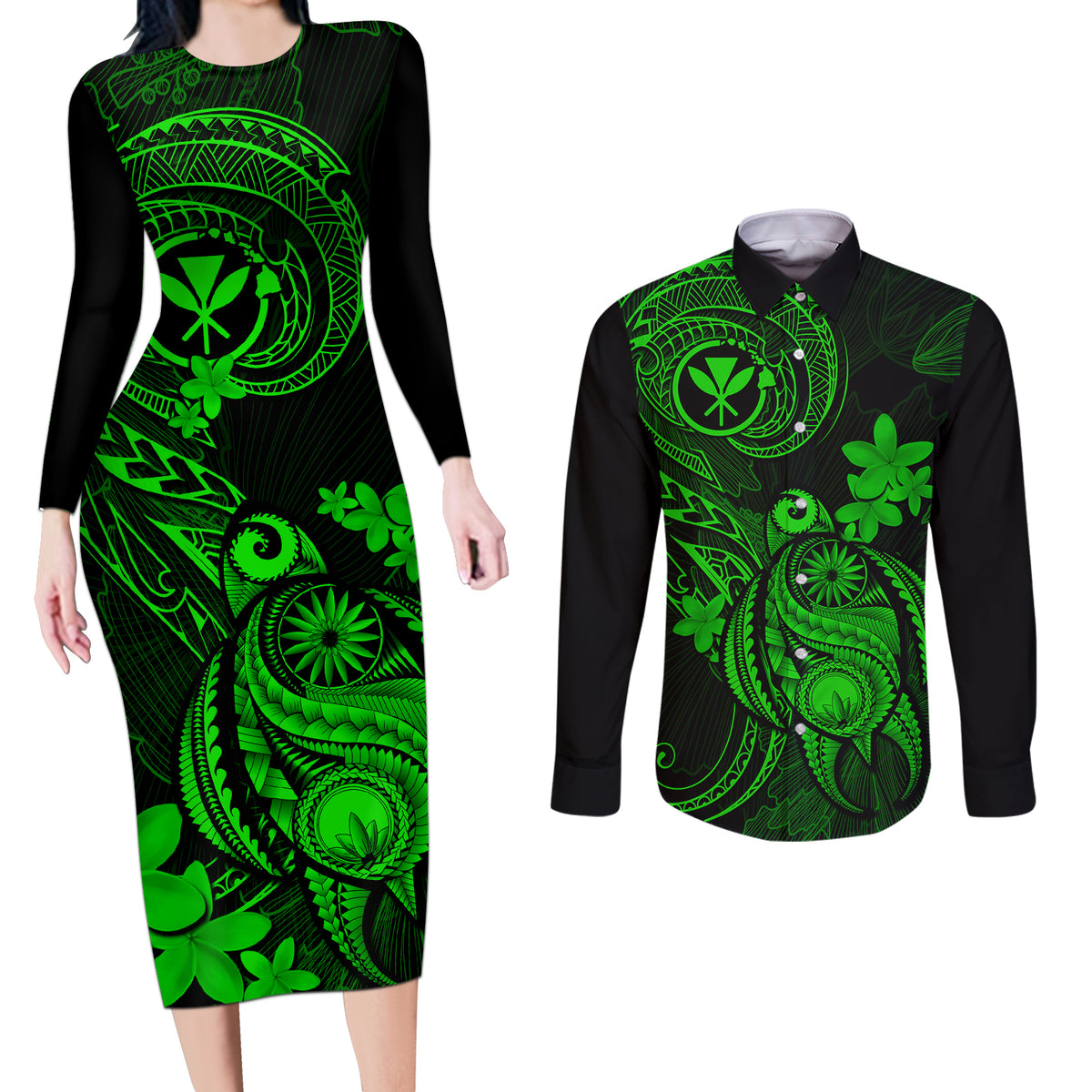 Hawaii Couples Matching Long Sleeve Bodycon Dress and Long Sleeve Button Shirts Turtle Mix Polynesian Plumeria Green Version LT14 Green - Polynesian Pride