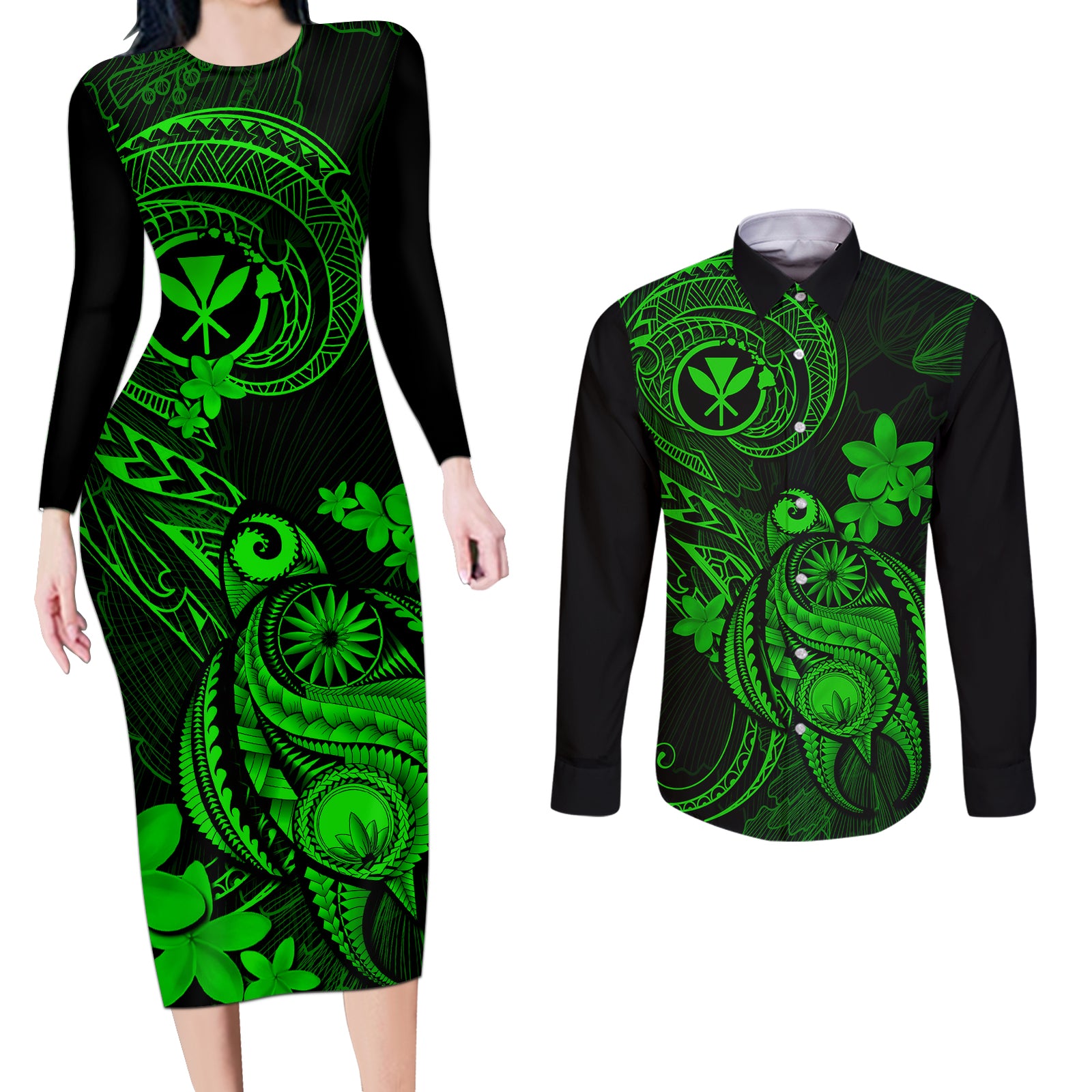 Hawaii Couples Matching Long Sleeve Bodycon Dress and Long Sleeve Button Shirts Turtle Mix Polynesian Plumeria Green Version LT14 Green - Polynesian Pride