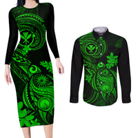 Hawaii Couples Matching Long Sleeve Bodycon Dress and Long Sleeve Button Shirts Turtle Mix Polynesian Plumeria Green Version LT14 Green - Polynesian Pride