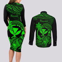 Hawaii Couples Matching Long Sleeve Bodycon Dress and Long Sleeve Button Shirts Turtle Mix Polynesian Plumeria Green Version LT14 - Polynesian Pride