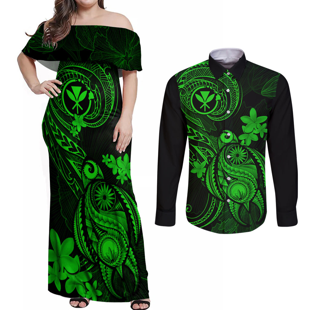 Hawaii Couples Matching Off Shoulder Maxi Dress and Long Sleeve Button Shirts Turtle Mix Polynesian Plumeria Green Version LT14 Green - Polynesian Pride