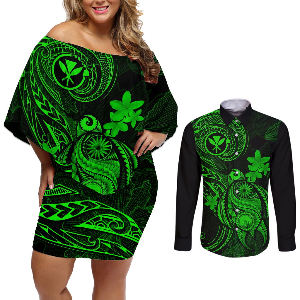 Hawaii Couples Matching Off Shoulder Short Dress and Long Sleeve Button Shirts Turtle Mix Polynesian Plumeria Green Version LT14 Green - Polynesian Pride