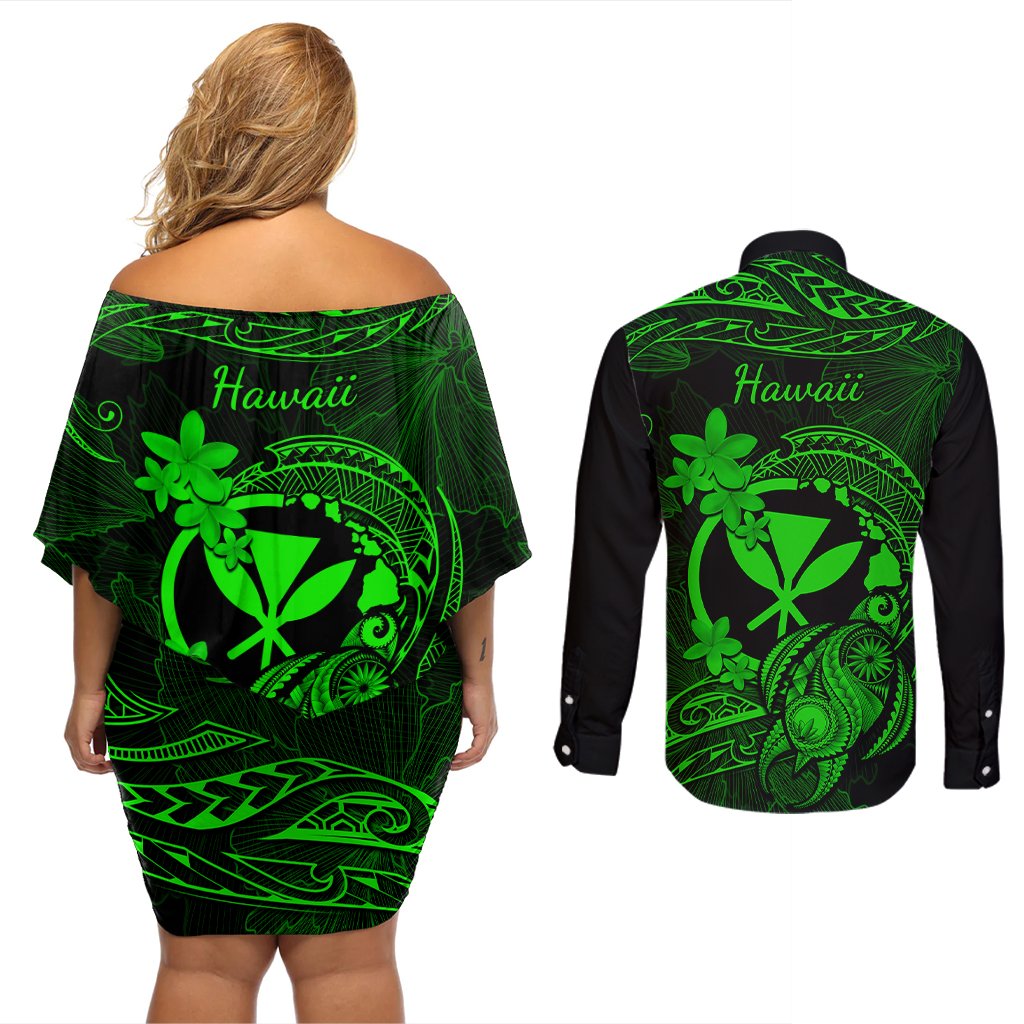 Hawaii Couples Matching Off Shoulder Short Dress and Long Sleeve Button Shirts Turtle Mix Polynesian Plumeria Green Version LT14 - Polynesian Pride
