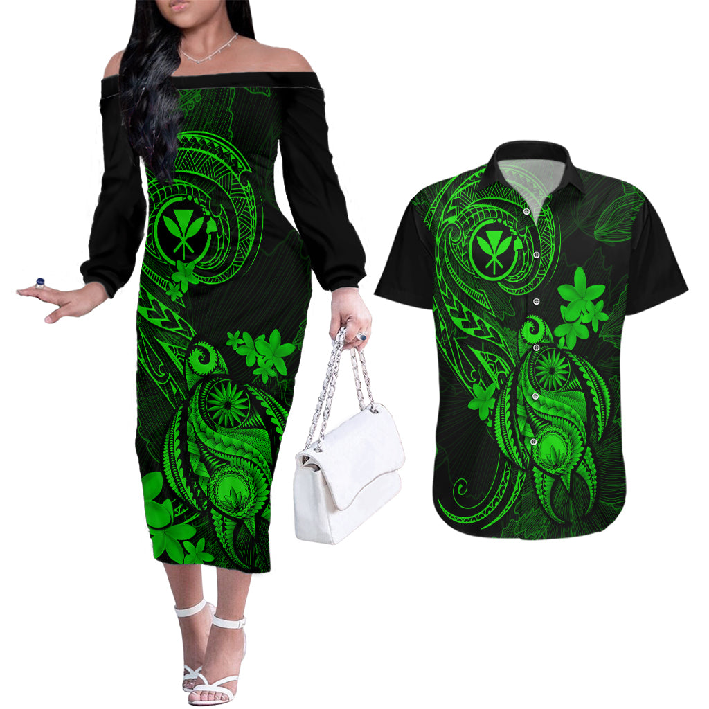 Hawaii Couples Matching Off The Shoulder Long Sleeve Dress and Hawaiian Shirt Turtle Mix Polynesian Plumeria Green Version LT14 Green - Polynesian Pride