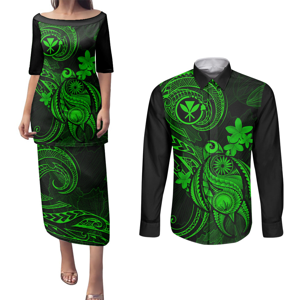 Hawaii Couples Matching Puletasi Dress and Long Sleeve Button Shirts Turtle Mix Polynesian Plumeria Green Version LT14 Green - Polynesian Pride
