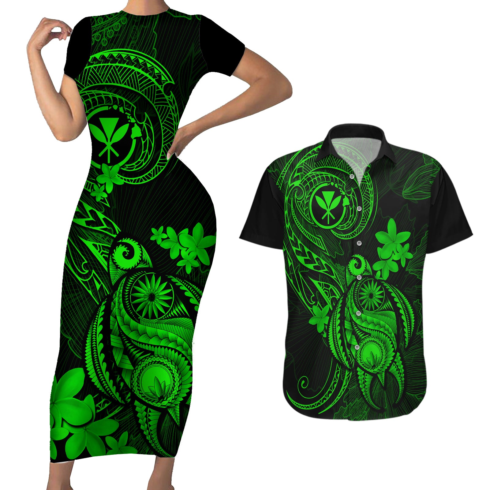 hawaii-couples-matching-short-sleeve-bodycon-dress-and-hawaiian-shirt-turtle-mix-polynesian-plumeria-green-version