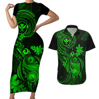 Hawaii Couples Matching Short Sleeve Bodycon Dress and Hawaiian Shirt Turtle Mix Polynesian Plumeria Green Version LT14 Green - Polynesian Pride