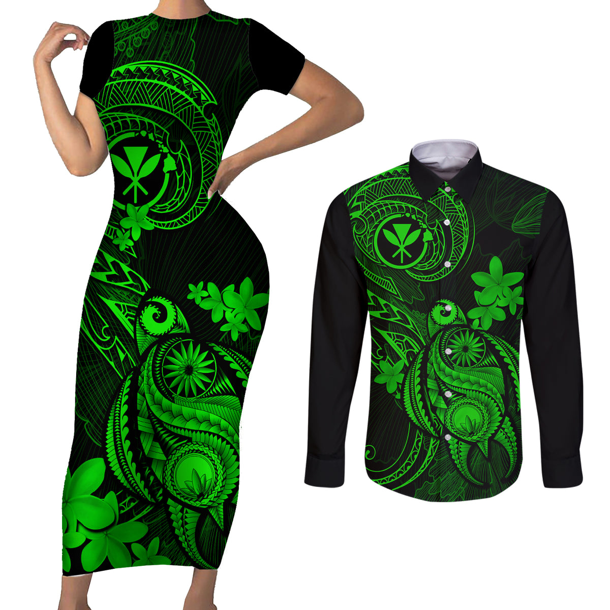 Hawaii Couples Matching Short Sleeve Bodycon Dress and Long Sleeve Button Shirts Turtle Mix Polynesian Plumeria Green Version LT14 Green - Polynesian Pride