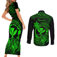 Hawaii Couples Matching Short Sleeve Bodycon Dress and Long Sleeve Button Shirts Turtle Mix Polynesian Plumeria Green Version LT14 - Polynesian Pride