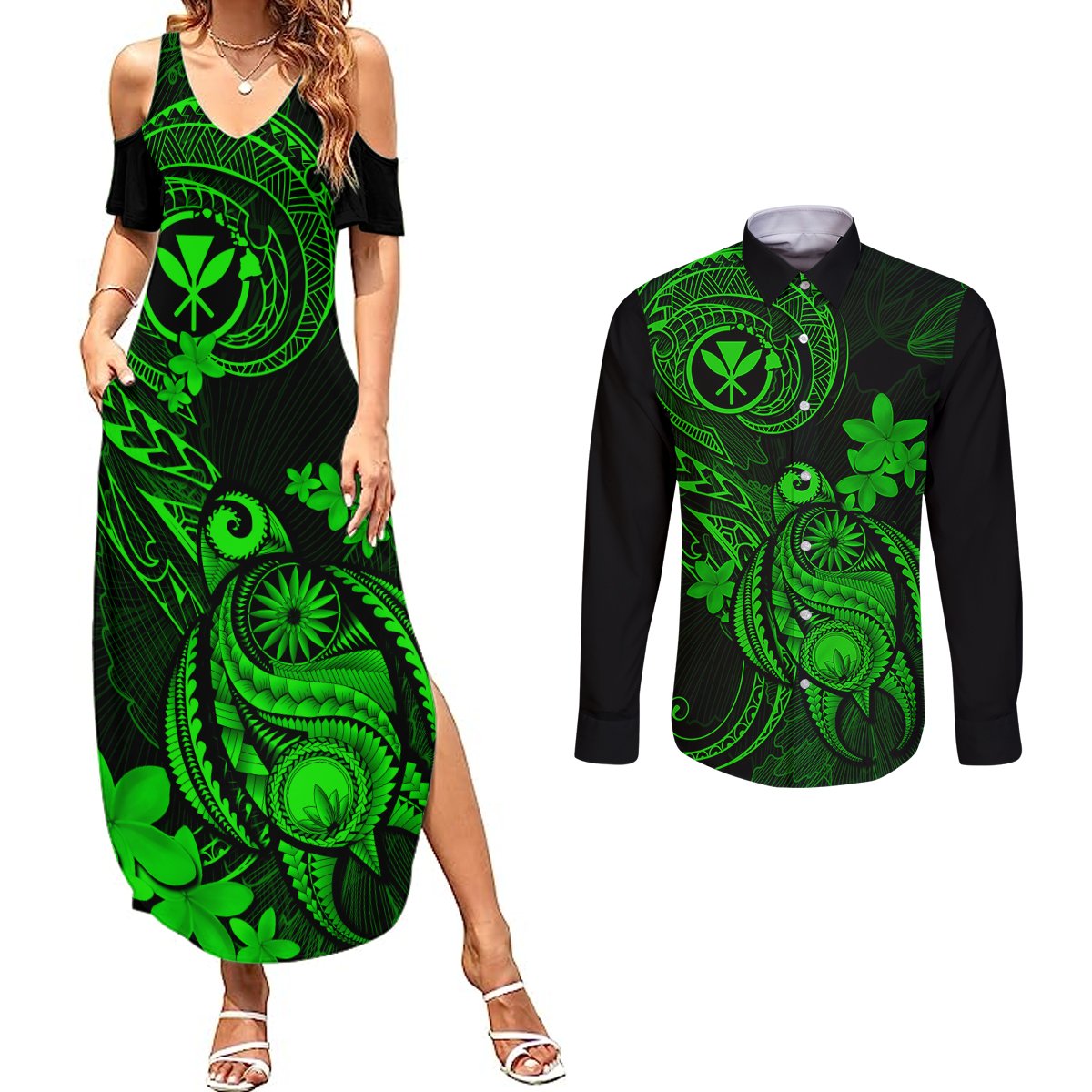 Hawaii Couples Matching Summer Maxi Dress and Long Sleeve Button Shirts Turtle Mix Polynesian Plumeria Green Version LT14 Green - Polynesian Pride