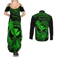 Hawaii Couples Matching Summer Maxi Dress and Long Sleeve Button Shirts Turtle Mix Polynesian Plumeria Green Version LT14 - Polynesian Pride