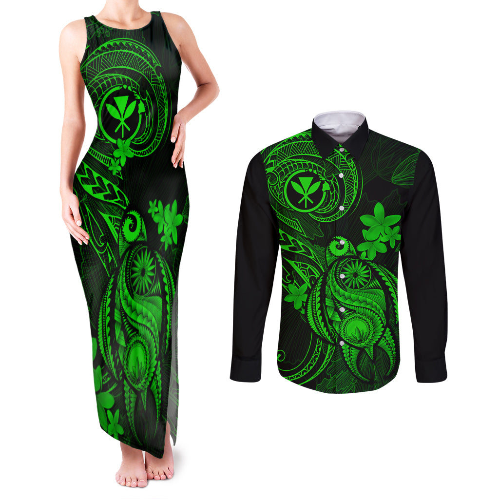 Hawaii Couples Matching Tank Maxi Dress and Long Sleeve Button Shirts Turtle Mix Polynesian Plumeria Green Version LT14 Green - Polynesian Pride