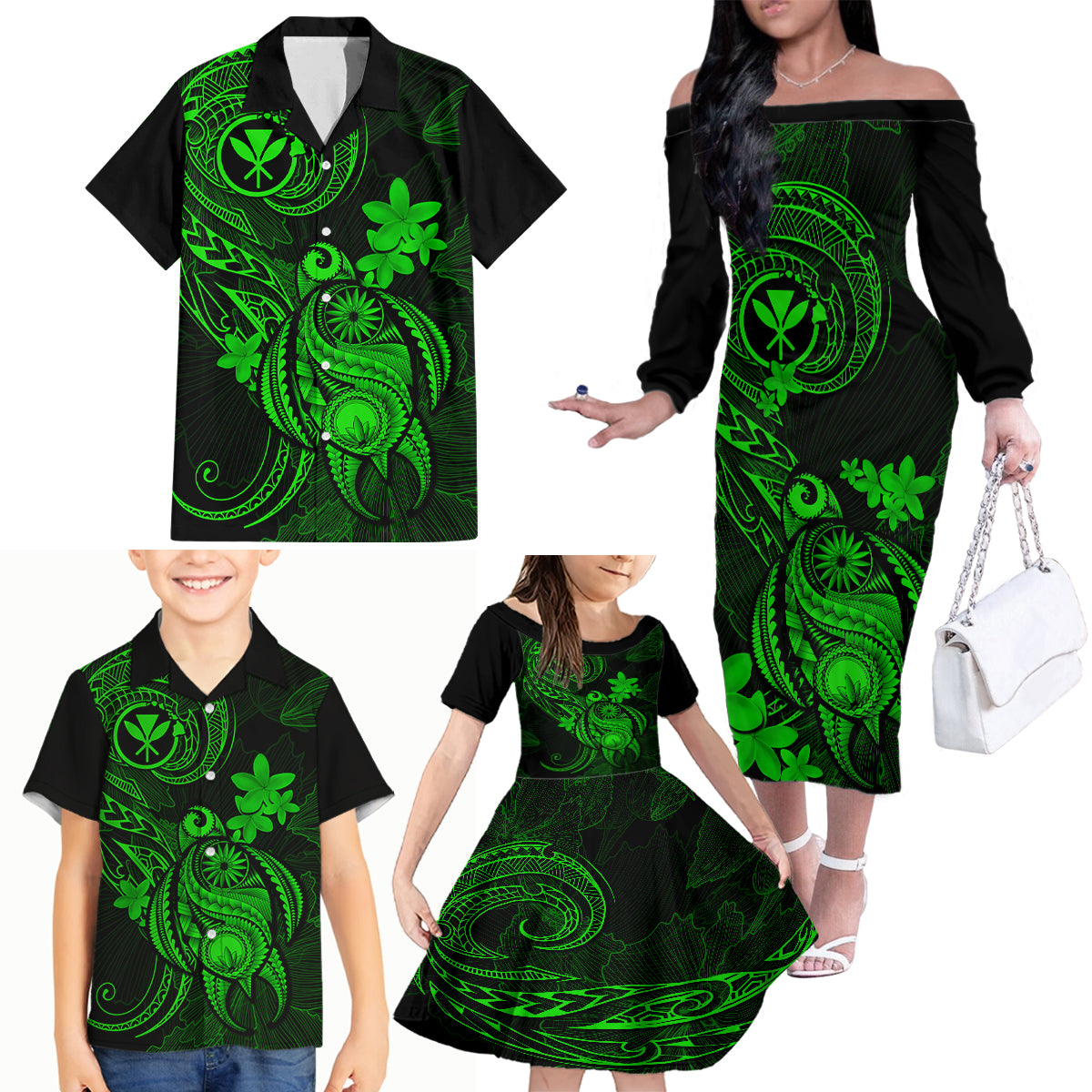 hawaii-family-matching-off-shoulder-long-sleeve-dress-and-hawaiian-shirt-turtle-mix-polynesian-plumeria-green-version