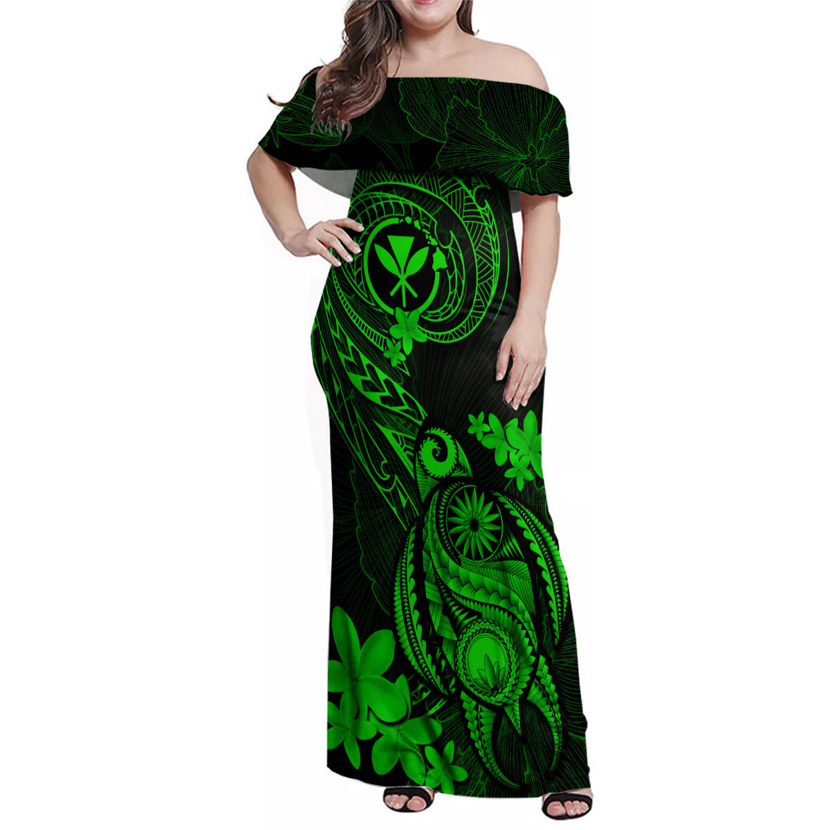 hawaii-family-matching-off-shoulder-maxi-dress-and-hawaiian-shirt-turtle-mix-polynesian-plumeria-green-version