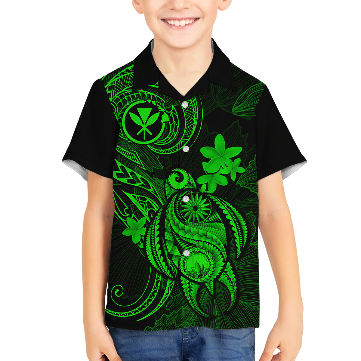 Hawaii Family Matching Puletasi Dress and Hawaiian Shirt Turtle Mix Polynesian Plumeria Green Version LT14 Son's Shirt Green - Polynesian Pride