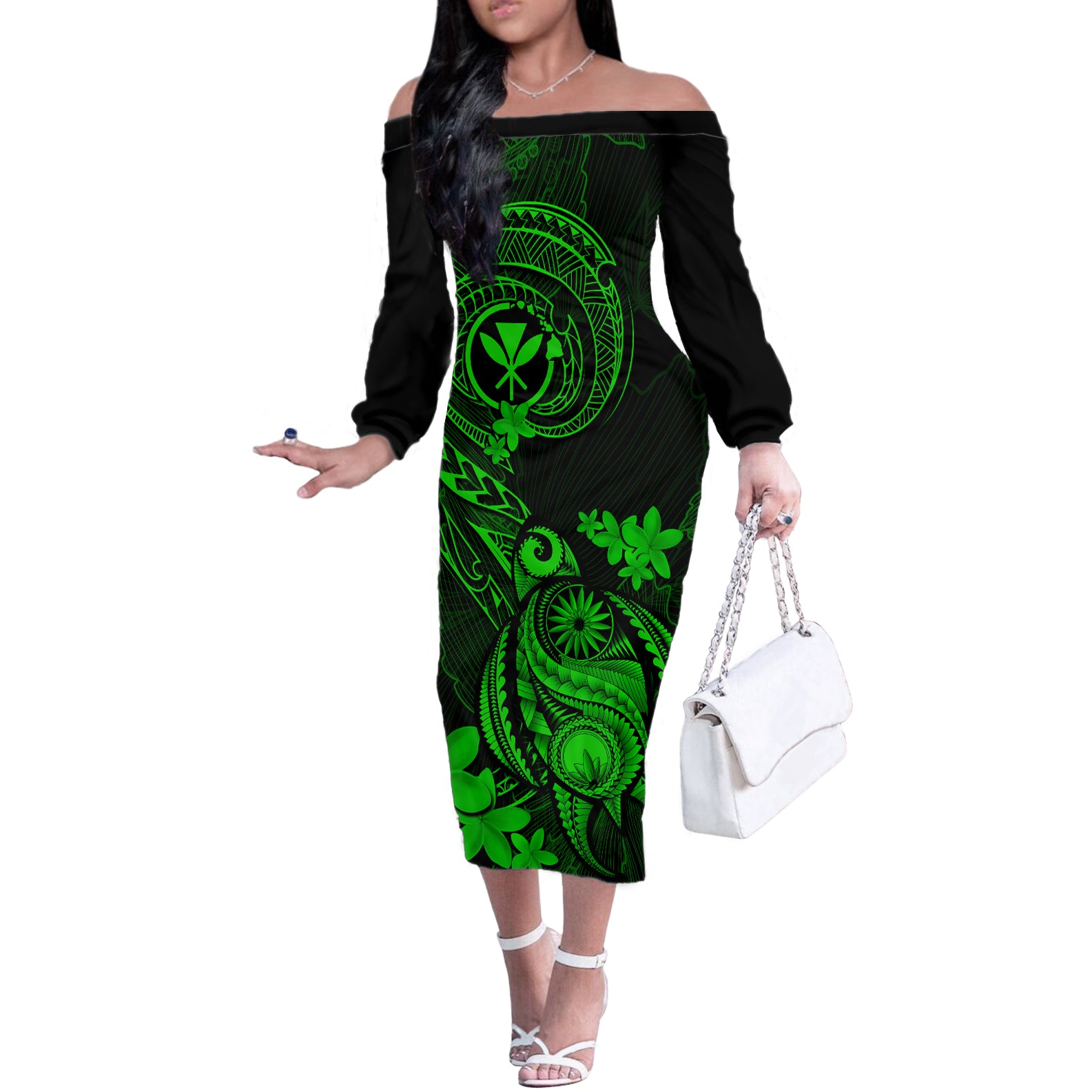 hawaii-off-the-shoulder-long-sleeve-dress-turtle-mix-polynesian-plumeria-green-version