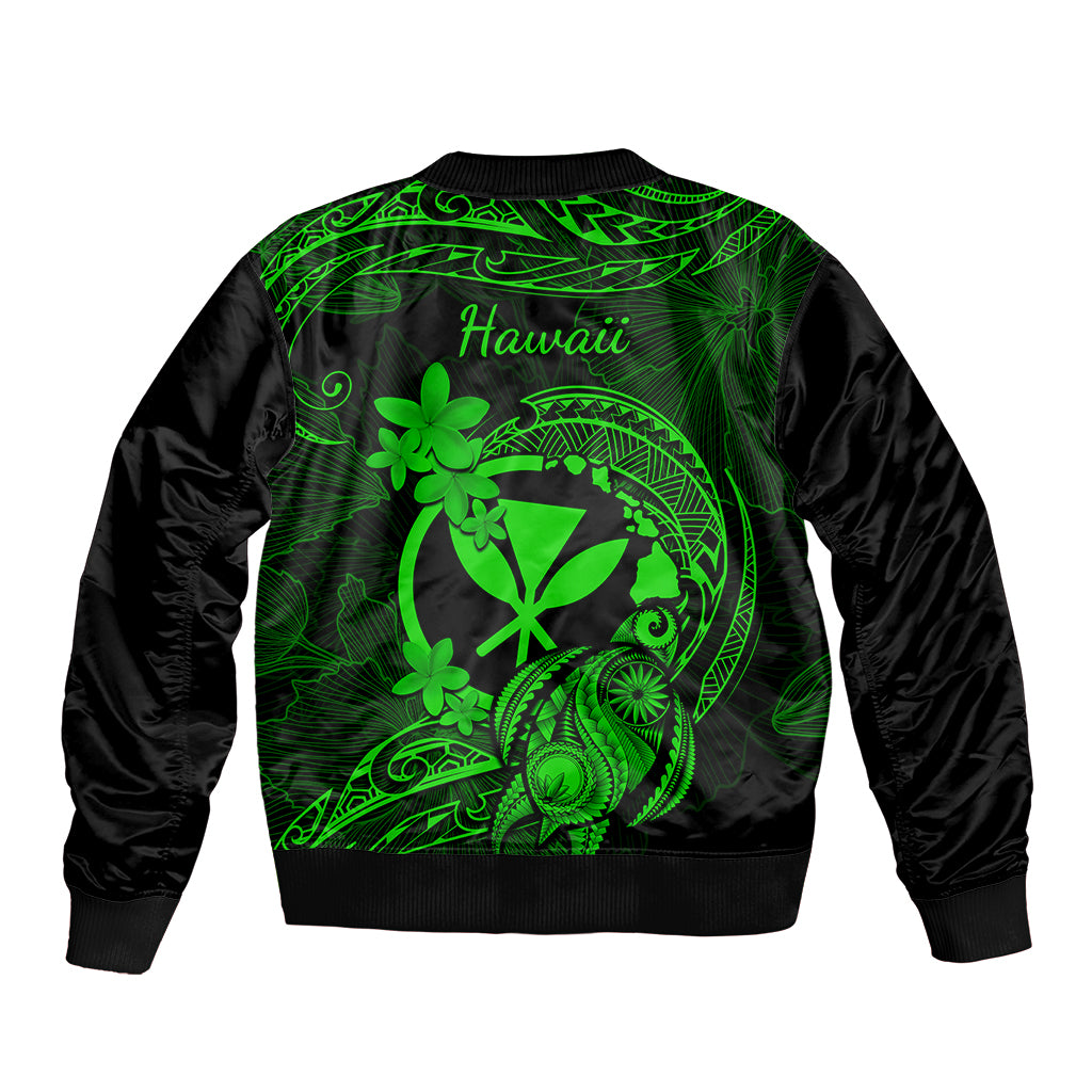Hawaii Sleeve Zip Bomber Jacket Turtle Mix Polynesian Plumeria Green Version LT14 - Polynesian Pride