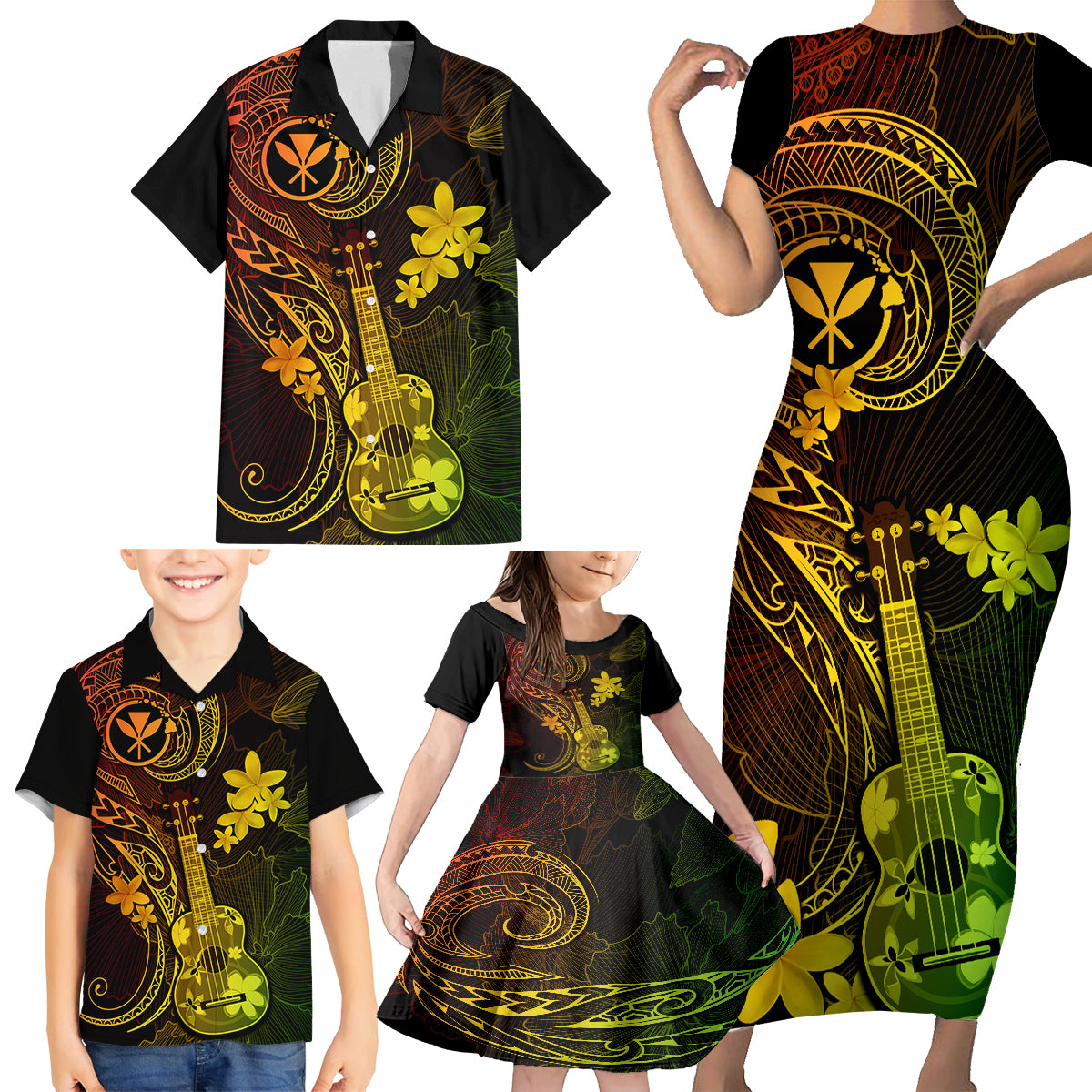 hawaii-family-matching-short-sleeve-bodycon-dress-and-hawaiian-shirt-ukulele-mix-polynesian-plumeria-reggae-version