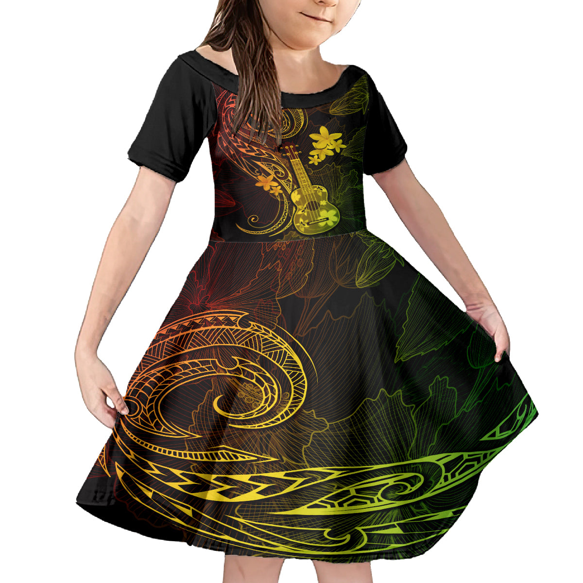 hawaii-kid-short-sleeve-dress-ukulele-mix-polynesian-plumeria-reggae-version