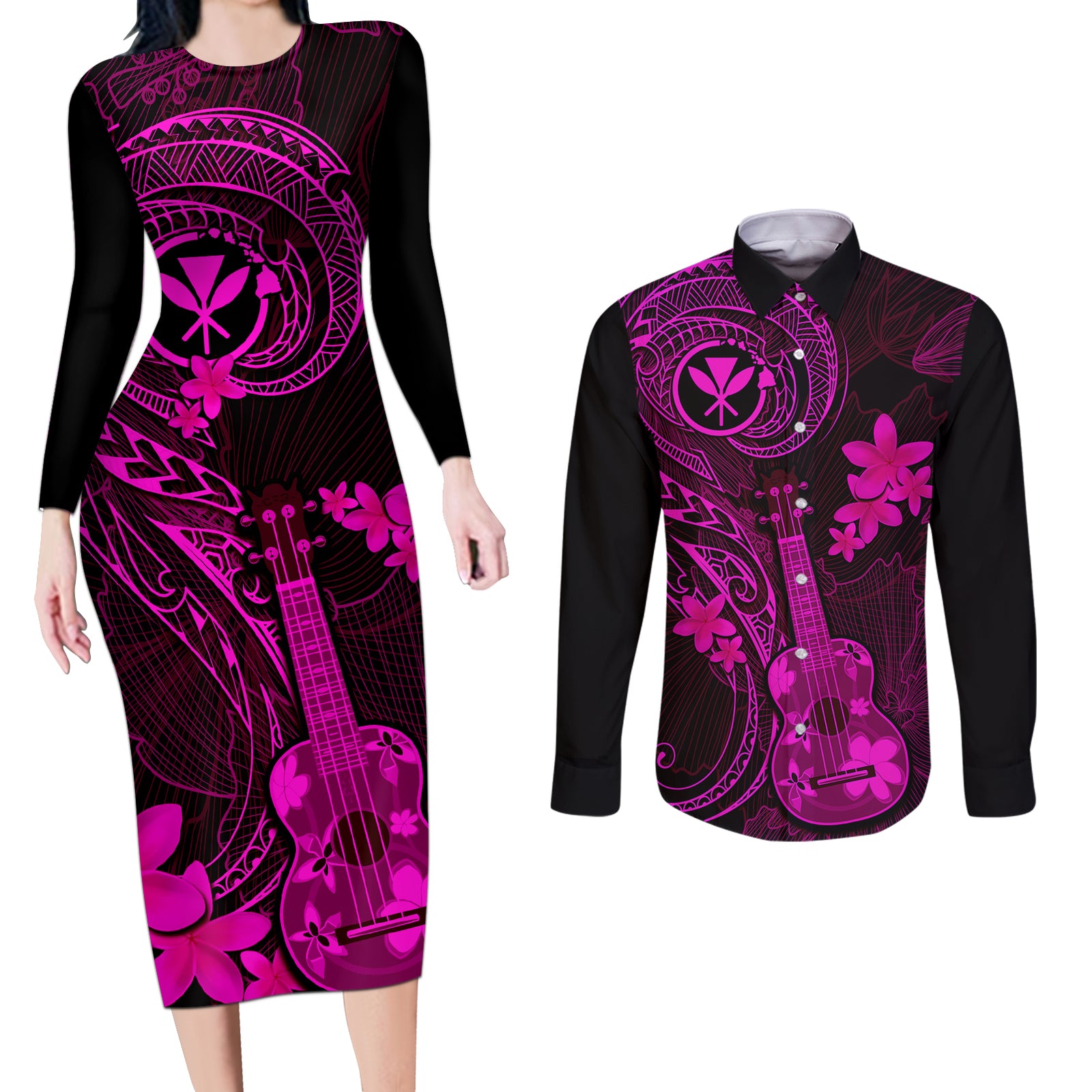hawaii-couples-matching-long-sleeve-bodycon-dress-and-long-sleeve-button-shirts-ukulele-mix-polynesian-plumeria-pink-version