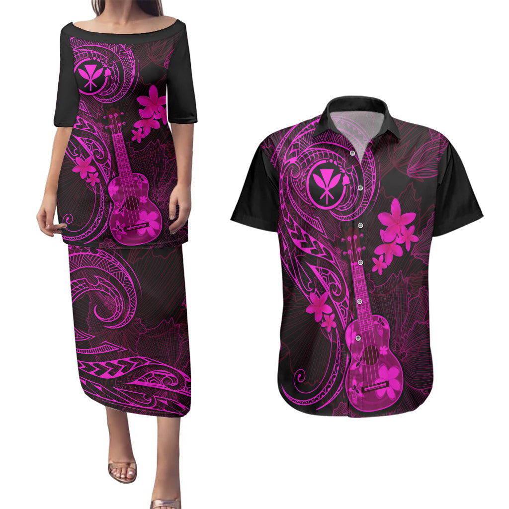 hawaii-couples-matching-puletasi-dress-and-hawaiian-shirt-ukulele-mix-polynesian-plumeria-pink-version