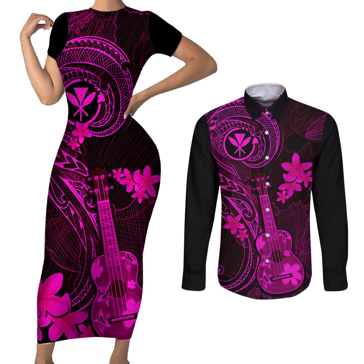 hawaii-couples-matching-short-sleeve-bodycon-dress-and-long-sleeve-button-shirts-ukulele-mix-polynesian-plumeria-pink-version