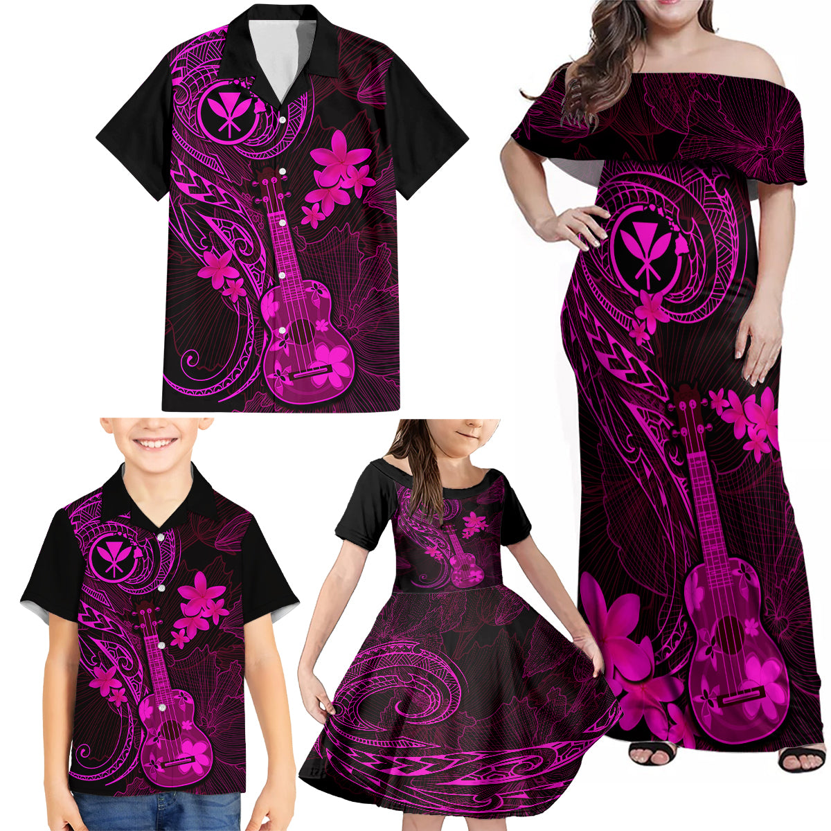 hawaii-family-matching-off-shoulder-maxi-dress-and-hawaiian-shirt-ukulele-mix-polynesian-plumeria-pink-version