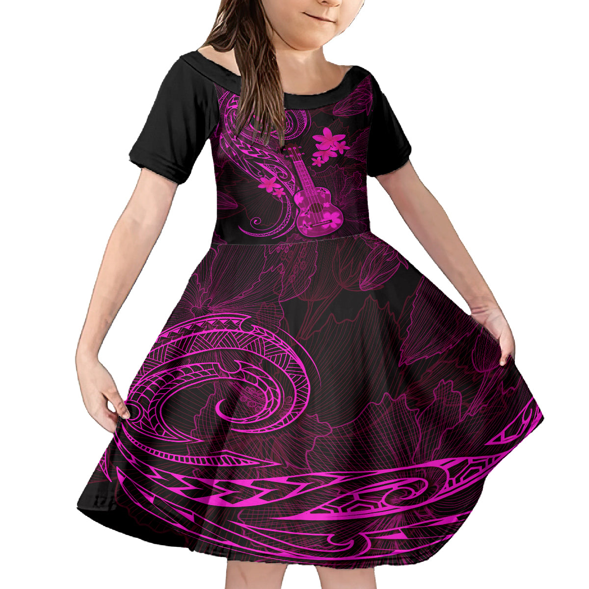 hawaii-kid-short-sleeve-dress-ukulele-mix-polynesian-plumeria-pink-version