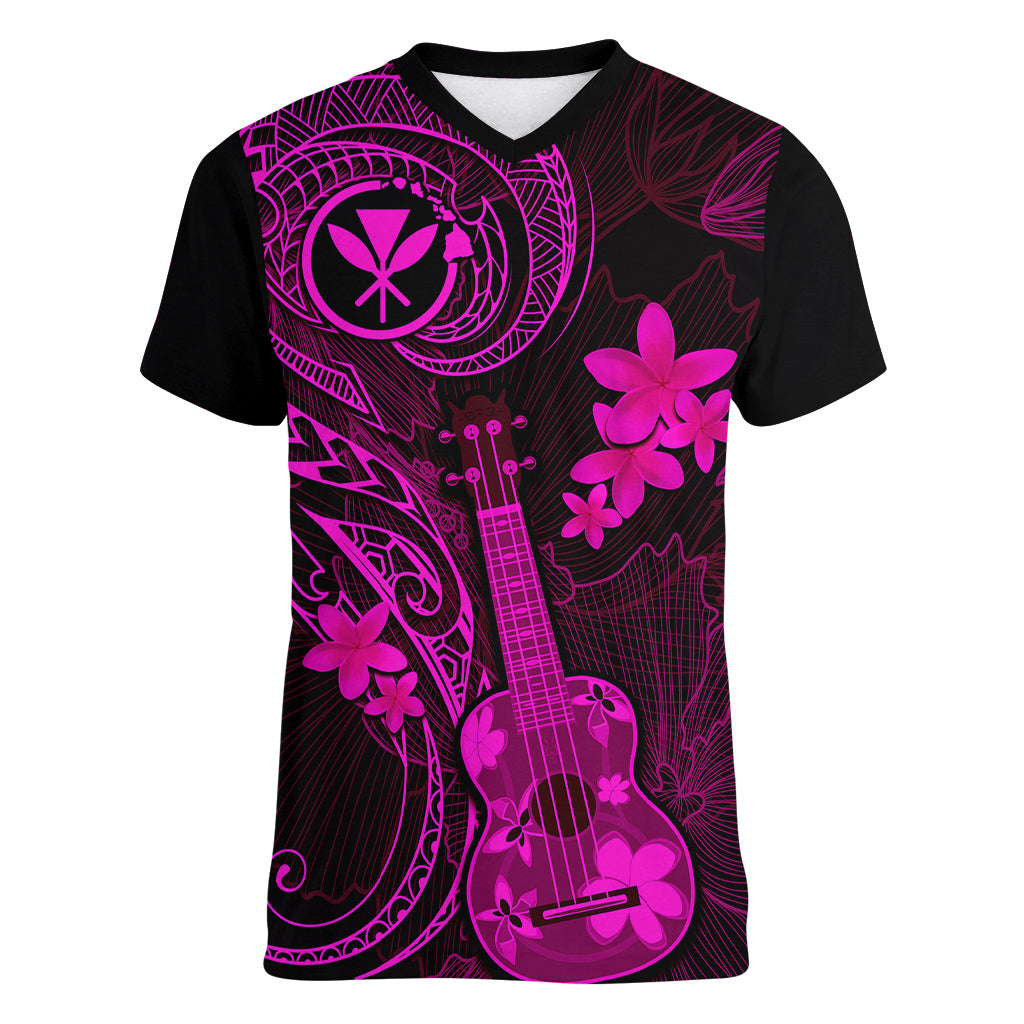 hawaii-women-v-neck-t-shirt-ukulele-mix-polynesian-plumeria-pink-version