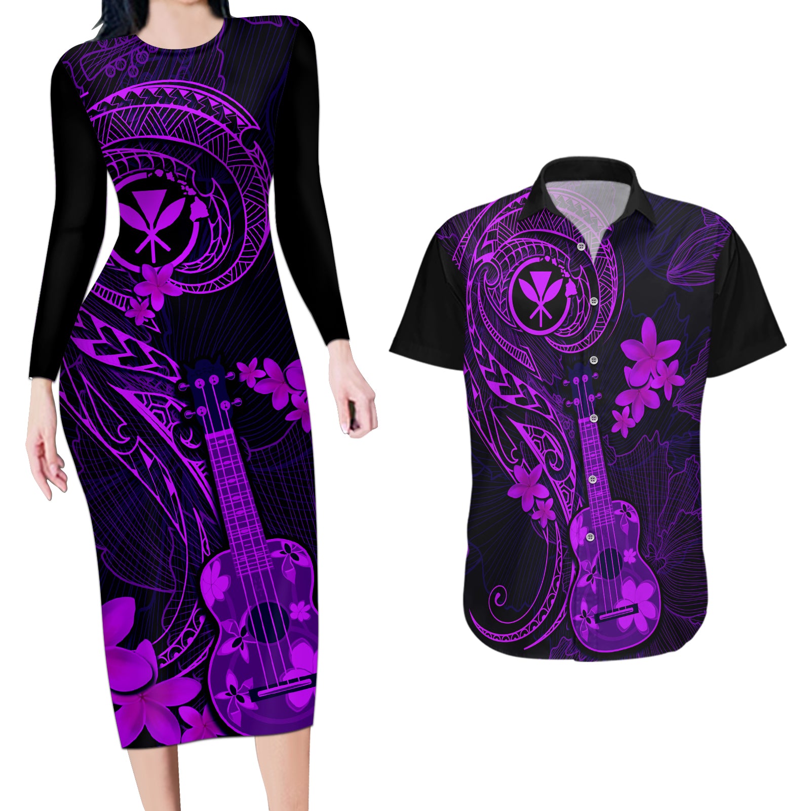 hawaii-couples-matching-long-sleeve-bodycon-dress-and-hawaiian-shirt-ukulele-mix-polynesian-plumeria-purple-version