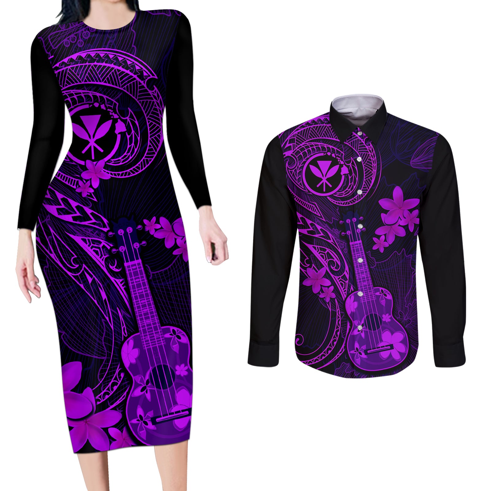 hawaii-couples-matching-long-sleeve-bodycon-dress-and-long-sleeve-button-shirts-ukulele-mix-polynesian-plumeria-purple-version
