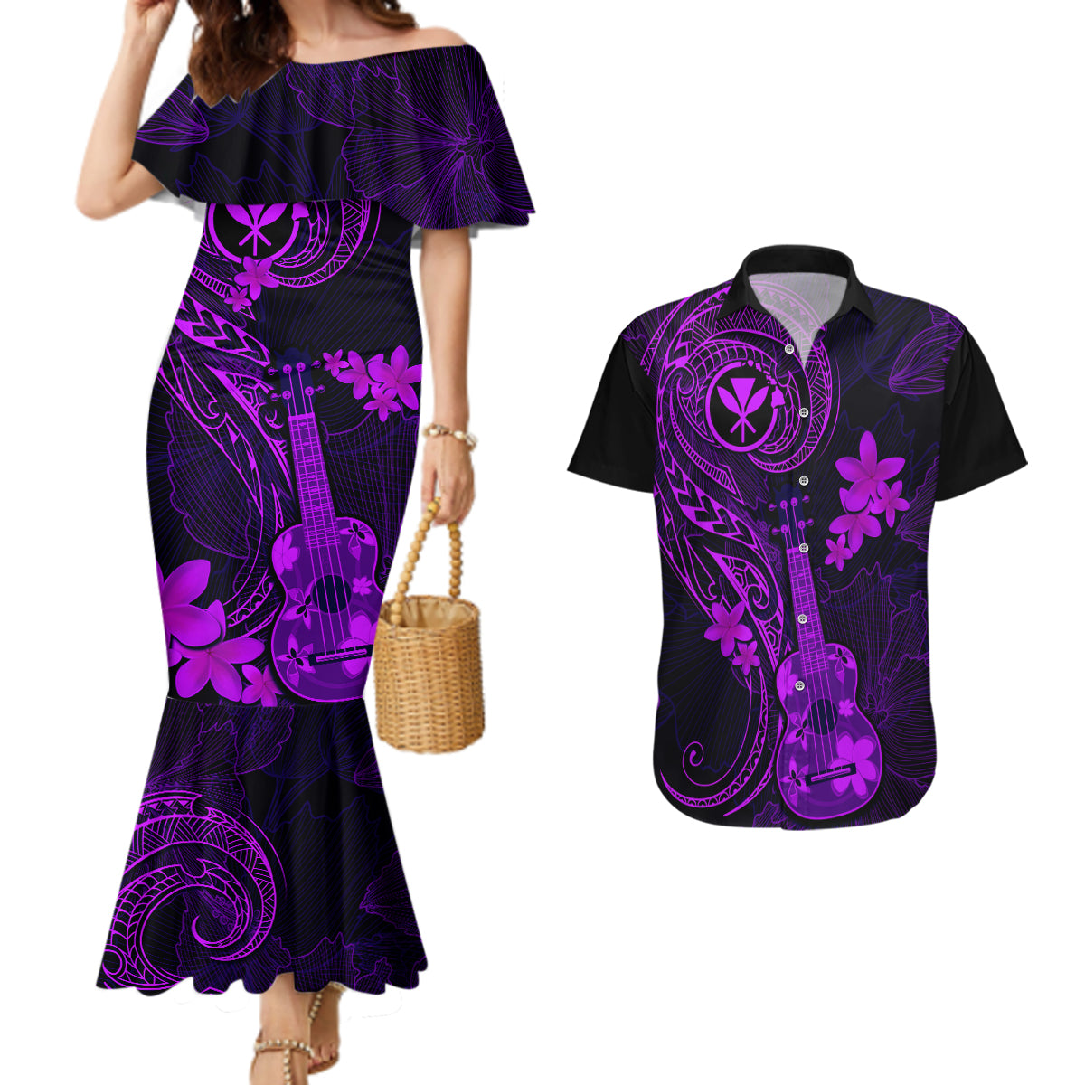 hawaii-couples-matching-mermaid-dress-and-hawaiian-shirt-ukulele-mix-polynesian-plumeria-purple-version