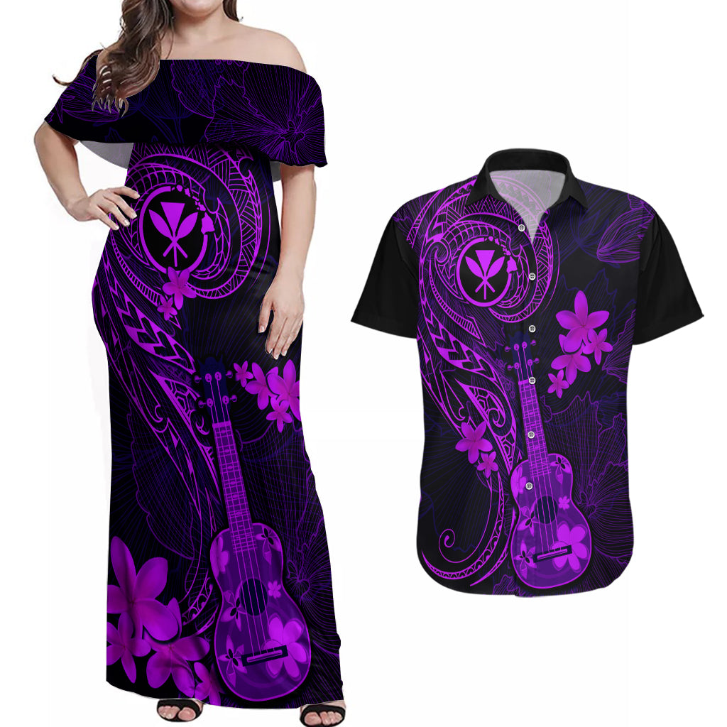 hawaii-couples-matching-off-shoulder-maxi-dress-and-hawaiian-shirt-ukulele-mix-polynesian-plumeria-purple-version