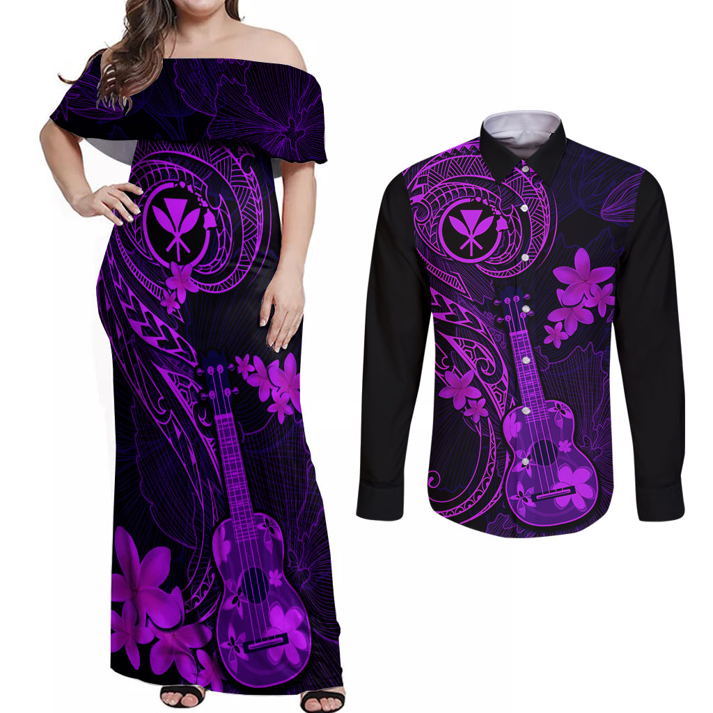 hawaii-couples-matching-off-shoulder-maxi-dress-and-long-sleeve-button-shirts-ukulele-mix-polynesian-plumeria-purple-version