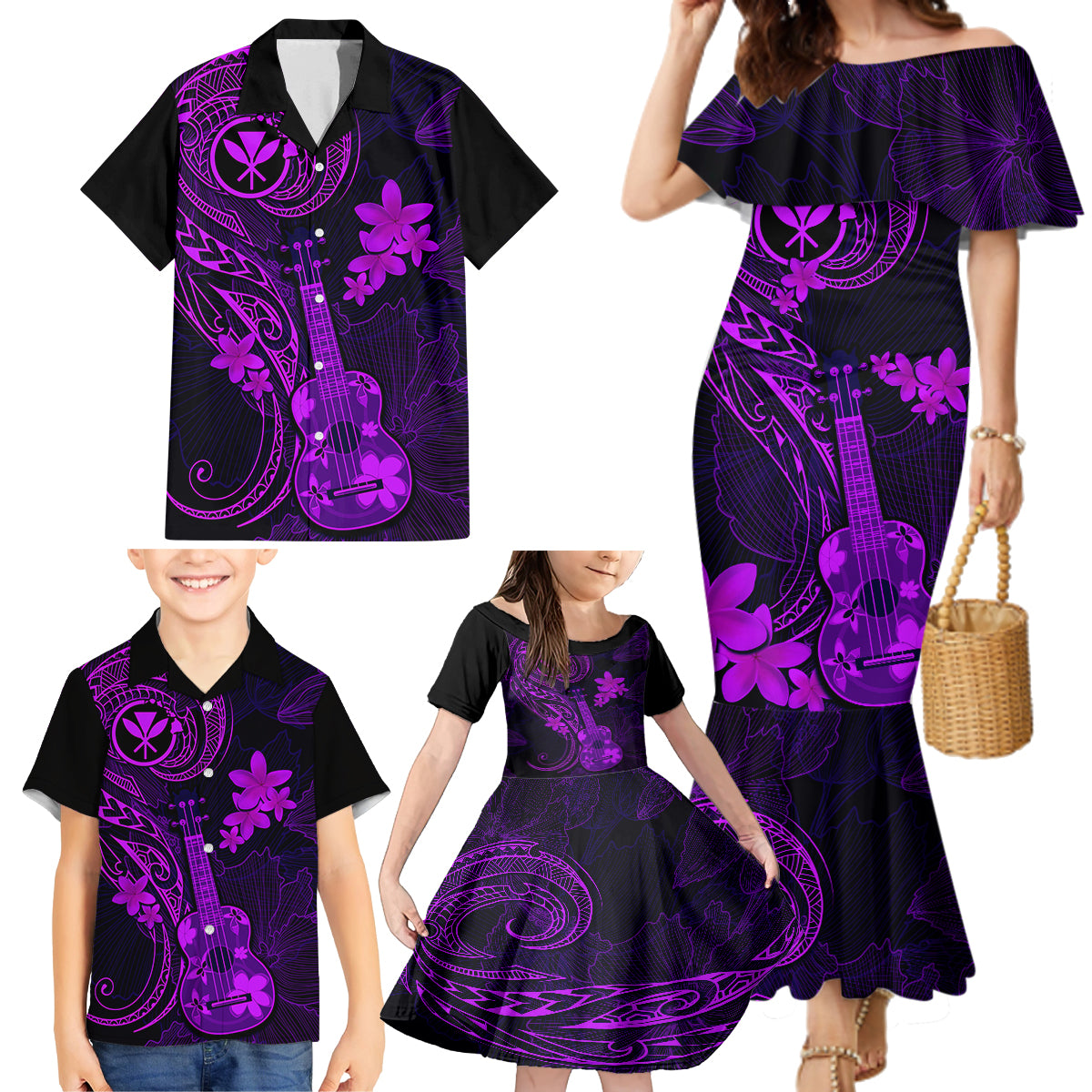 hawaii-family-matching-mermaid-dress-and-hawaiian-shirt-ukulele-mix-polynesian-plumeria-purple-version