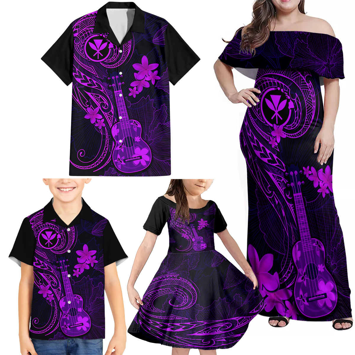 hawaii-family-matching-off-shoulder-maxi-dress-and-hawaiian-shirt-ukulele-mix-polynesian-plumeria-purple-version