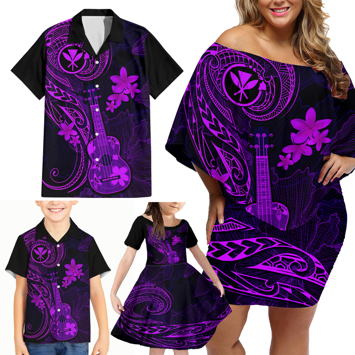 hawaii-family-matching-off-shoulder-short-dress-and-hawaiian-shirt-ukulele-mix-polynesian-plumeria-purple-version