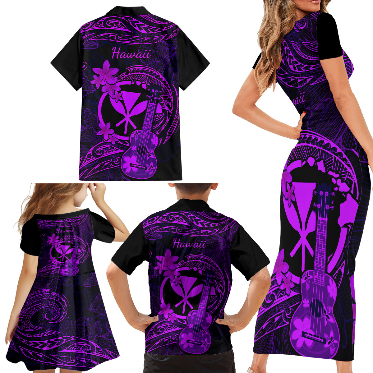 hawaii-family-matching-short-sleeve-bodycon-dress-and-hawaiian-shirt-ukulele-mix-polynesian-plumeria-purple-version
