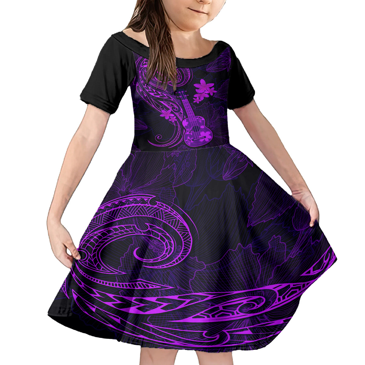 hawaii-kid-short-sleeve-dress-ukulele-mix-polynesian-plumeria-purple-version